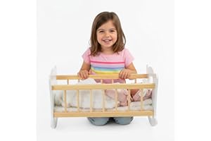 GREEN SERIES Kinderplay Culla per bambole in legno con biancheria da letto, letto per bambole fino a 49,5 cm, giocattolo in legno per ragazze dai 3 anni in su, culla sostenibile per giochi di ruolo e regalo per