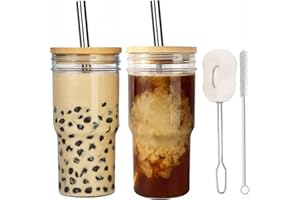 ALINK Bubble Tea Tasses 2 sachets de 720 ml, gobelets à smoothie réutilisables, bocaux de voyage Boba, bocaux à col large avec capuchon et paille en acier inoxydable