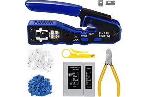 Greluma RJ45 Crimp Tool Kit Pass Through och Cat6 Cat6A Cat5 Cat5e Crimp Tool med 20st rj45 Cat6 Pass Through Connectors, 20st kåpor, 1 nätverkskabeltestare, 1 trådavdragare, 1 skärare