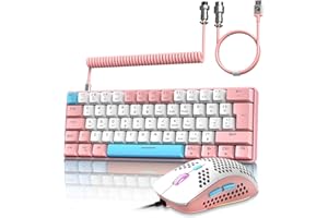 ZIYOU LANG Wired Gaming-Tastatur und Maus Combo mit Spiral USB-C Kabel T60 Pro - Kompakt 60% UK Layout(QWERTY) Mechanische Tastatur Klicke Blue Switch, 6400DPI Ultra-Light RGB Mäuse für PC/Mac - Rosa