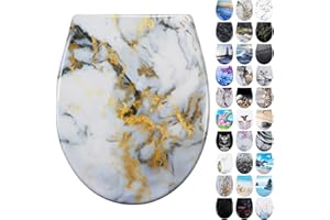 Fanmitrk WC Sitz mit Absenkautomatik, Toilettendeckel Duroplast, Klodeckel mit Schnellverschluss, Montage von oben, Toilettensitz mit Motiv (Goldener Marmor)