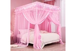Mengersi Pink Princess 4 Corners Post Bed Curtain Canopy Mosquito Netting (Twin)