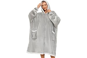 Vancavoo Koc z kapturem dla kobiet, ponadwymiarowy ciepły polarowy szlafrok unisex długi zamek błyskawiczny solidny koc z kapturem szerpa TV z kieszeniami ogromny sweter damski sweter koc na zimę
