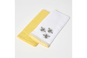 HOMESCAPES Yellow Tea Towels 100% Cotton Set of 2 Waffle Teatowels Super Absorbent Lint Free Kitchen Towels with Embroidered “Bumble Bee” Design, 40 x 60 cm