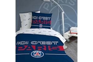 OMYDREAM PSG Devise Parure de lit Enfant | 100% Coton | Oeko-TEX | Housse de Couette 140x200cm + 1 Taie d'oreiller 63x63cm | Imprimé Garçon | Bleu