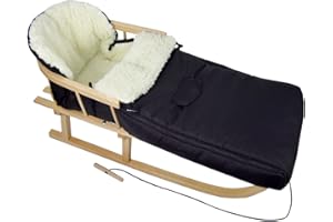 BAMBINIWELT BY RAFAEL K. Slitta in legno con schienale, corda per traino e sacco a pelo universale di 108 cm in lana, adatto anche per ovetto e passeggino