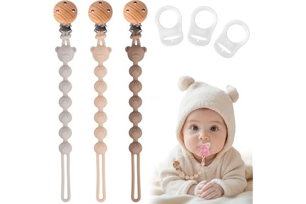 EARLY MINDS Pack de 3 Attache Tetine Silicone, Attache Sucette avec Une Seule Pièce en Silicone, Accroche Tétine Bebe pour Filles & Garçons, Sans BPA, Élastiques et Robustess (Crème Marron Gris)