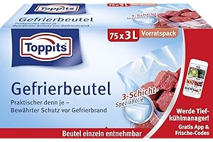 ‎TOPPITS Toppits Gefrierbeutel Vorratspack, 3 Liter, 75 Stück, Standboden, Transparent