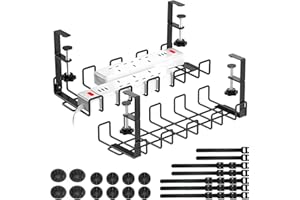WELDUN Kabelkanal Schreibtisch, Kabelmanagement Ohne Bohren, 2 Stücke Metall-Kabel-Organizer für Drahtmanagement, Kabelkorb mit Kabelclips und Bindern, schwarz,