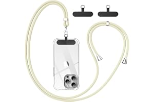 caslord Cordon Telephone Portable, Avec 2 Patchs Noirs Durables, Lanière de Téléphone Portable 1,6m Adjustable, Collier Compatibles avec Tous Les Smartphones et Plupart des Coques-Beige