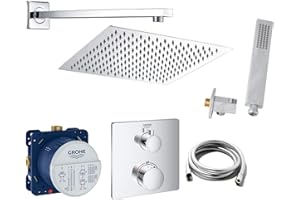vanvilla Duschsystem mit Unterputz Duscharmatur von Grohe Grohtherm 2-Wege Thermostat und vanvilla Regendusche mit Armatur mit Thermostat, Duschkopf eckig, Dusch-SET G09 poliert