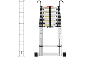 TEENO Scala Telescopica 6,2 M, Scala Telescopica in Alluminio con Barra Stabilizzatrice e Gancio Rimovibile, Scala Pieghevole Portatile per Riparazioni Domestiche, Carico Max 150 KG