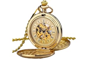 KZKR Montre de poche mécanique dorée et argentée pour homme et femme avec chiffres romains gravés Doré