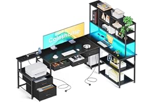 Coleshome Biurko Narożne z 5 Szufladami i 4 Półkami, 180×100×154.2 cm Biurko w Kształcie L z LED, Gniazdkami i USB, Duże Biurko do Pracy Zdalnej, Czarny