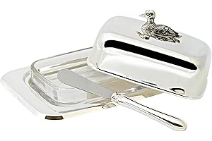 Edzard Scatola per Burro Anatra per 250 g di Burro, 13 x 18 cm, Argento pregiato Placcato, lucidato, con Inserto in Vetro, Coltello Incluso