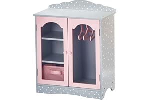 Olivia's Little World Polka Dot Princess Wooden Shaker-Style Double Closet for 18" Doll Wardrobes with Windowed Doors, Three Shelves, Hanging Space with Hangers, Grey/Pink