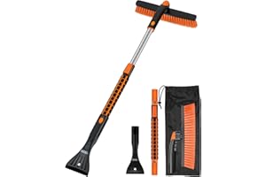 SEG Direct Schneebesen mit Eiskratzer, Teleskop Ausziehbare Auto Schneebürste mit Schaumstoffgriff, Abnehmbarem Griff, für Windschutzscheiben Fenster von LKW SUV, 92cm, Schwarz und Orange