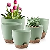 INKULTURE Flower Pot for Indoor Plants – Self Watering Plant Pot Set of 5, Multi Size Plastic Planter with Drainage Hole & Wa