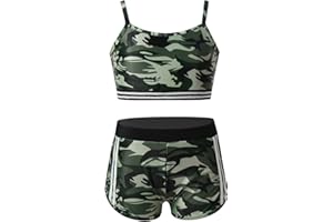 TiaoBug Mädchen Bikini Tankini Set Bustier Top und Sport Shorts Hot Pants Set Sommer Badeanzug Ballett Tanz Bekleidung mit Allover Druck