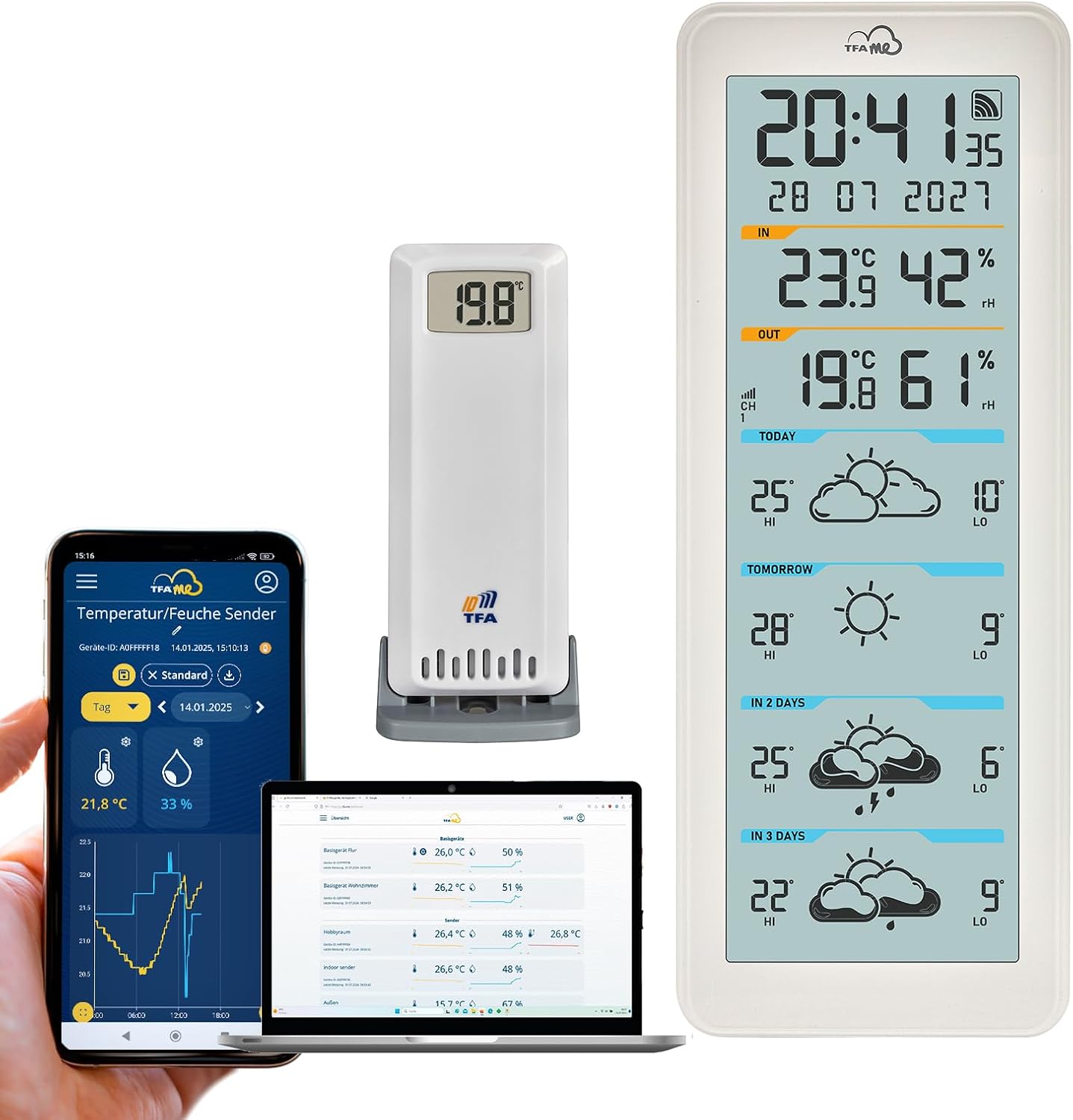 TFA Dostmann TFA.me ID-06 Estación meteorológica inalámbrica Wi-Fi 35.8108.02, pronóstico del tiempo profesional por wetter.com 4 días, portal en línea, sensor exterior, valores máximos mínimos