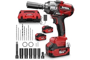 Sundpey 1400 N.m Llave de Impacto a Batería, 21V Pistola de Impacto sin Escobillas con 2 Baterías de 4.0 Ah & 5 Enchufes & 9 Brocas & Adaptador Hexagonal de 1/2" para Automóvil Camión Hogar