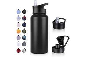 UMBFUN Edelstahl Trinkflasche - 1L - mit Strohhalm,Auslaufsicher,Kohlensäure Geeignet,BPA frei Thermosflasche(+2 Deckel) Vakuum Doppelwandisolierung für Sport,Reisen,Camping,Schule,Fahrrad,Gym
