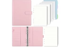 SKYDUE SKYDYE A5 6 Ring Binder - 135 Sheet Refill Paper, A5 Ring Binder Notebook with Pockets and Dividers for School Notes and Travel Diaries (Light Pink)