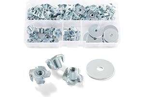 Lyeteung 60 PCS M4 × 8mm T Nuts, Four Pronged Tee Nuts, Threaded Insert T Nut, with 20 PCS Washers, for Wood, Cabinetry, Furniture