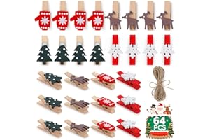 60pcs Mini Navidad Pinzas para Colgar Fotos, GeeRic Pinzas Pequeñas Navidad Clips de Madera Pinzas para El Pelo Navideña Fotos Regalos Decoración con Cuerda de 2 Metros,Horquilla de Niñas