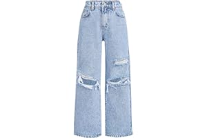 SoLu DAY8 Jean Enfant Fille Troué à La Mode Ample 6-14 Ans Pantalon Denim Baggy Ado Fille Jambe Large Confortable Pas Cher Chic école Casual Vacances