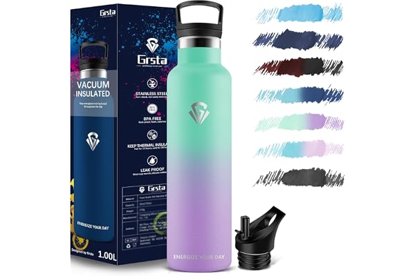 Grsta Gourde Isotherme Sport 1l, Bouteille Isotherme sans BPA, Metal, Gourde INOX Reutilisable, avec Paille pour Gym, Bureau, Voyage