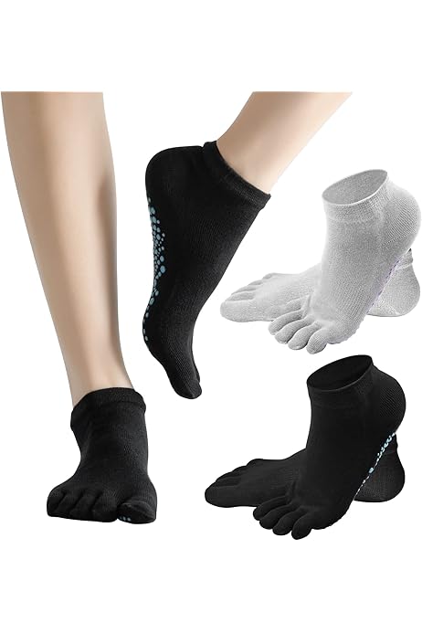 Abbigliamento Pilates Donna Calze Antiscivolo 5 Dita Per Yoga/Pilates - Con Grip In Silicone, Taglia Unica 35-42, Traspiranti Separatore Dita Piede