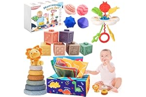 Auezona 5 w 1 zabawka Montessori dla niemowląt od 6 miesięcy, wieża do układania, miękkie klocki, pudełko sensoryczne, piłki do ściskania, prezent dla chłopców i dziewczynek