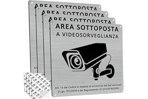 DADAPANGHU Cartello Area Videosorvegliata Alluminio, 4 Pezzi Cartello Videosorveglianza con Avviso GDPR, 15x15cm, Alluminio Spazzolato, Fori Preforati, con Adesivo 3M, per Casa e Negozio, Interno ed Esterno