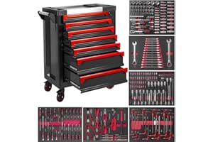 JOMAFA Carro de herramientas 7 cajones con puerta lateral, con herramientas 6 modulos EVA ROJO Y NEGRO