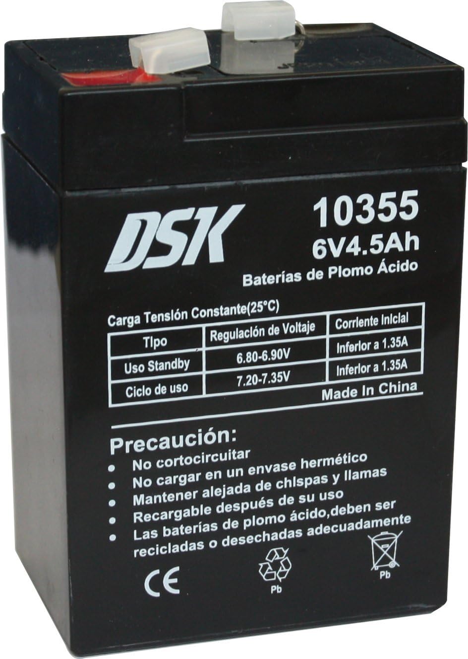 DSK Batería de Plomo AGM Sellada VRLA 6V 4,5Ah Recargable sin Mantenimiento para Alarmas, Seguridad, Juguetes Eléctricos y SAI. Alta Durabilidad Larga Vida útil. Compatible con terminales F1 y F2