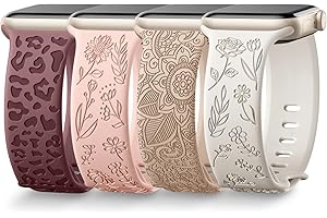 Upeak Grawerowane paski kompatybilne z Apple Watch 40 mm, 41 mm, 38 mm, damskie, miękki silikon, urocze kwiaty, panterka, sportowa opaska do iWatch Ultra SE Series 9, 8, 7, 6, 5, 3, 2, zestaw E, 4 szt