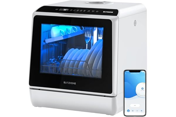 Mini lave-vaisselle BLITZHOME, contrôle par application, 6 programmes, lave-vaisselle de table intelligent et portable avec réservoir d'eau de 5L, utilisable avec ou sans raccordement à l'eau, séchage