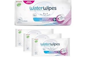 WaterWipes Sensitive+ Body & Intimate Wipes, 90 Wipes (3 Packs), 3-In-1 Cleans, Cares, Protects, 99.9% Water, Unscented & Hygiene Wet Wipes, Adult Care