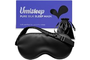 ‎UMISLEEP Umisleep 100% Reine Seide Schlafmaske, 22 Momme 6A Weich & Glatt, Atmungsaktive Schlafmaske Seide für Frauen&Herren, Bessere Lichtabdichtung Sleeping Mask, mit Reiseetui, Verstellbar Schnalle,Schwarz