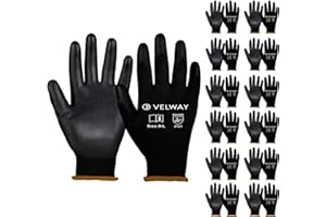 Velway Guanti da Lavoro Protettivi 12 Paia - Resistenti all'Abrasione - Fibra Poliestere con Rivestimento in PU - Versatile Protezione Meccanica Industriale Giardinaggio Montaggio - Nero Taglia 9/L