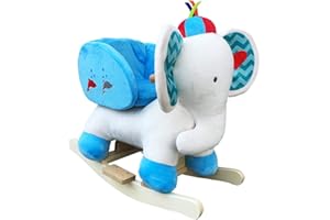 The Rocking Horse Co. - Rocking Elephant - White/Blue - Plush Finish - Complete with Sounds - On solid wood rockers