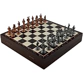 GiftHome Orta Boy Metal İspanyol Satran&ccedil; Takımı Antik ve Ceviz Desenli Sandıklı MDF Tahtası (36x36x6 cm.)