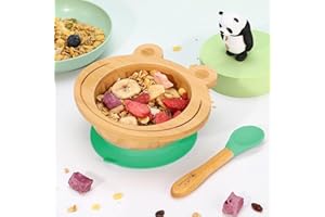Vinsani Frog Bamboo Bowl and Spoon Set for Baby/Toddler, Frog Shaped Suction Bowl, Stay-Put Design, Hypoallergenic and BPA-Free (Green)