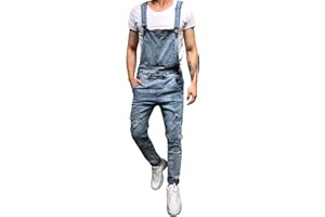 semen Mens Denim Overalls Fashion Ripped Bib Jeans Slim Fittted Jumpsuit with Pockets