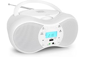 JOVELL Lecteur CD Portable avec Bluetooth, Radio FM Poste CD Portable Enfants Boombox Stéréo avec Son Cristallin 2x3W, Entrée USB et AUX, Prise Casque, Mode Veille, Compatible CD MP3 WMA (Blanc)