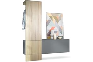 Vladon Garderobe Carlton Set 4, Made in Germany, Wandgarderobe aus Deko-Paneel & Hängeschrank für Schuhe, Anthrazit matt/Eiche sägerau (156,5 x 193 x 35 cm)