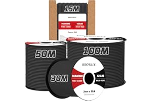 Brotree 3mm Paracord 425 100% Nylon 50M Rope 3 Strands Type II Parachute Cord for Outdoor, Craft, DIY - 192kg Breaking Load (Black)