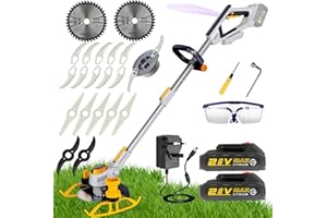WeeLun Grass Trimmers Cordless & Edger Garden Strimmer Electric, 2 x 2.0Ah Battery And Fast Charger, 5 Types Blades, With Auxiliary Wheels, for Garden Brush Cutter Clearing Weeds…