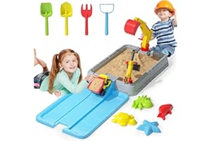 KIZJORYA Sandbox Sand Pit with Lid, Kids Construction Sand Box with Excavator, Crane, Molds for Sensory Play Digger Toys, Toddler Outdoor Indoor Sand Pit Toys for Boys Girls Ages 3+ (Gray & Blue)